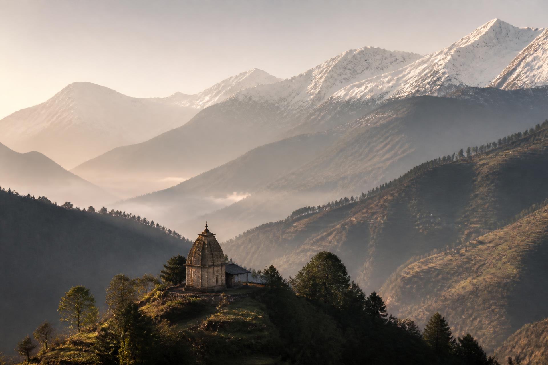 Mandal Valley in Uttarakhand at sunrise, with a small stone temple on a forested ridge beneath Himalayan peaks